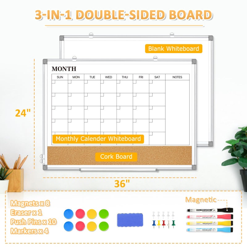 QUEENLINK Large Dry Erase Calendar for Wall, 36"x24" Double-Sided Magnetic Whiteboard Calendar with Cork Board, Aluminum Frame Monthly White Board Memo Message Board for Office, Home, School, Kitchen - Image 3
